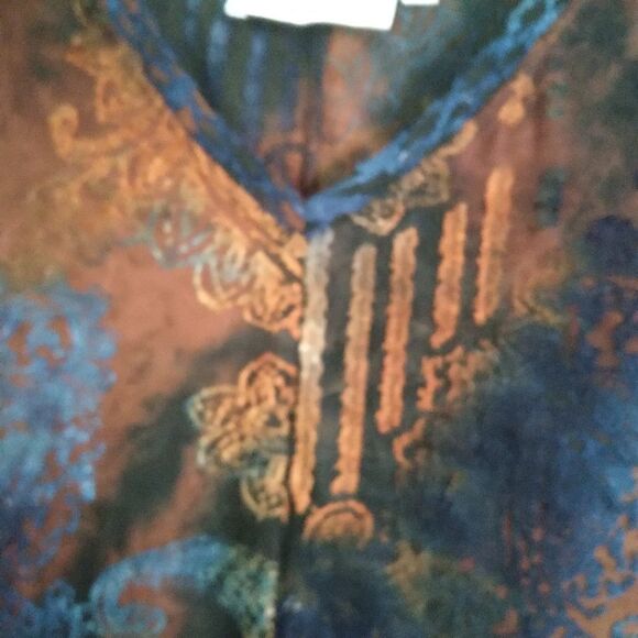 F61 Palila San Francisco rust and blue print blouse. Fall Colors - Picture 2 of 8